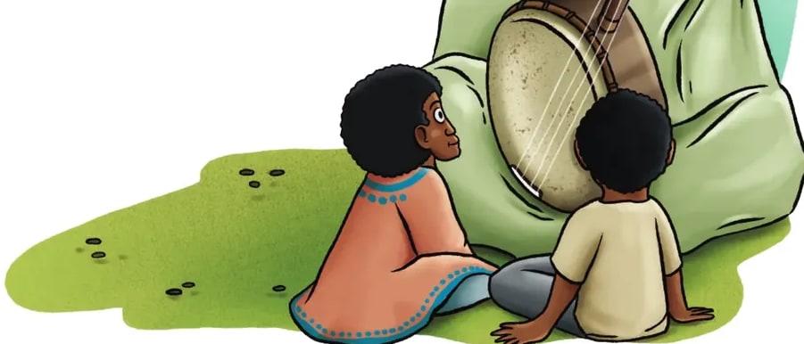 Ilustración de un anciano afrodescendiente tocando un instrumento de cuerdas tipo arco mientras dos niños afrodescendientes lo escuchan sentados a sus pies, evocando la transmisión oral de saberes.