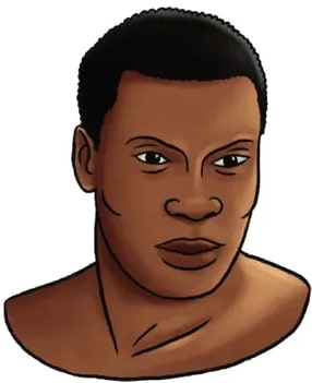 Retrato ilustrado en tonos cálidos de un hombre afrodescendiente adulto (Alonso de Illescas), mirando al frente con expresión serena.