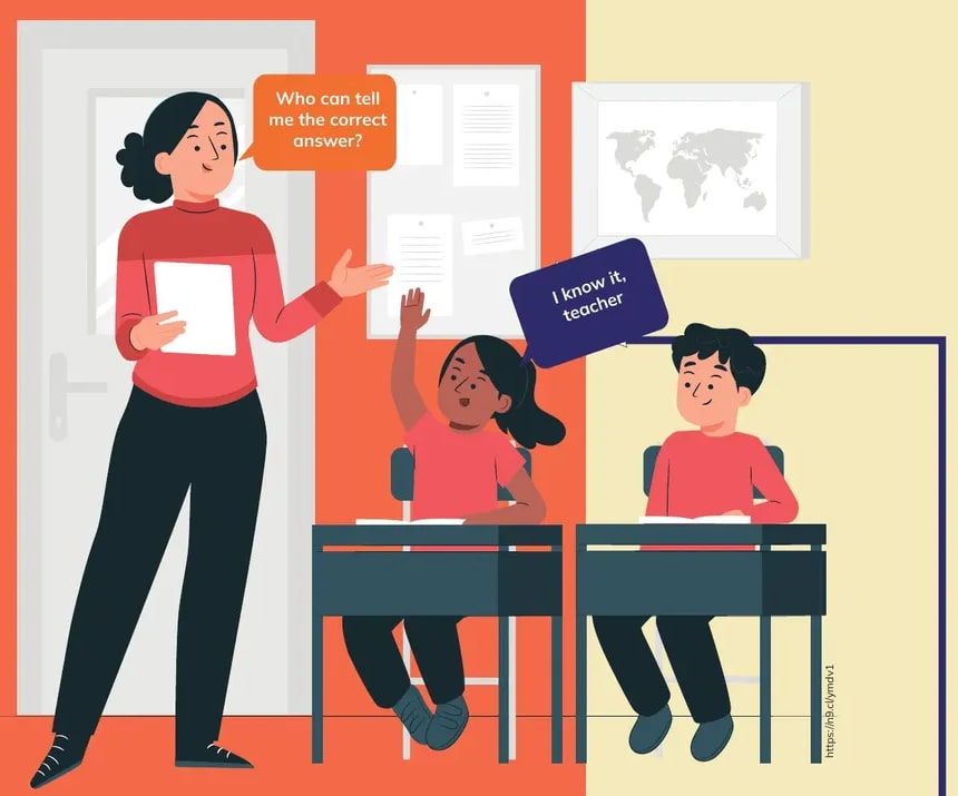 Ilustración de una maestra de pie sosteniendo un cuaderno frente a dos estudiantes sentados en pupitres; mapamundi y láminas en la pared.