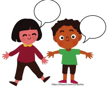 Ilustración de dos niños (una niña con cabello negro y suéter morado, un niño con camiseta verde) hablando con globos de diálogo vacíos.
