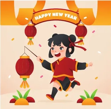 Ilustración de una niña china con vestido tradicional rojo, sosteniendo un farol rojo; sobre ella el cartel 'HAPPY NEW YEAR' rodeado de faroles y confeti.