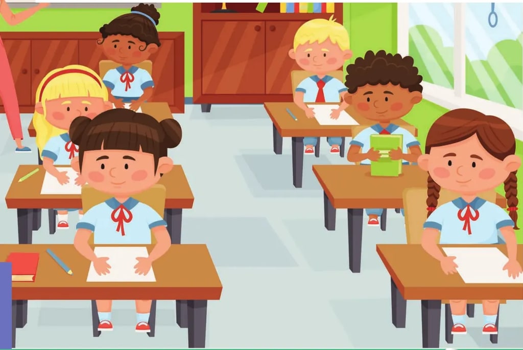 Ilustración de un aula con cinco niños sentados en pupitres mirando hacia adelante.