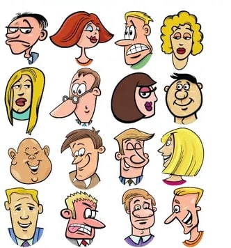 Mosaico de caras de distintas personas con diversas expresiones faciales (sorpresa, alegría, enfado, etc.) representando la variedad de expresiones humanas.