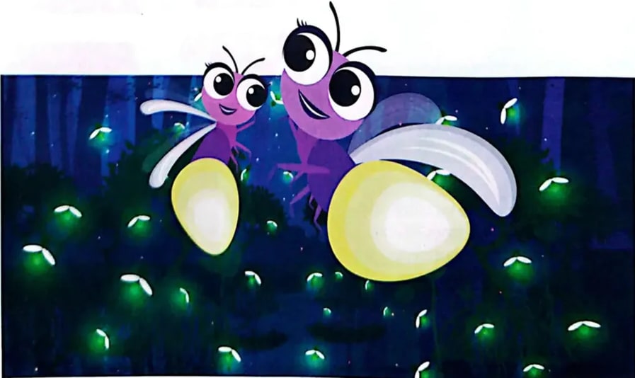 Ilustración de dos luciérnagas con sus abdómenes brillando en un bosque nocturno