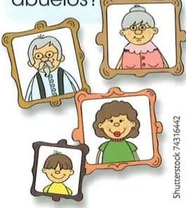 Imágenes ilustradas: familia comiendo, abuelos con nietos.