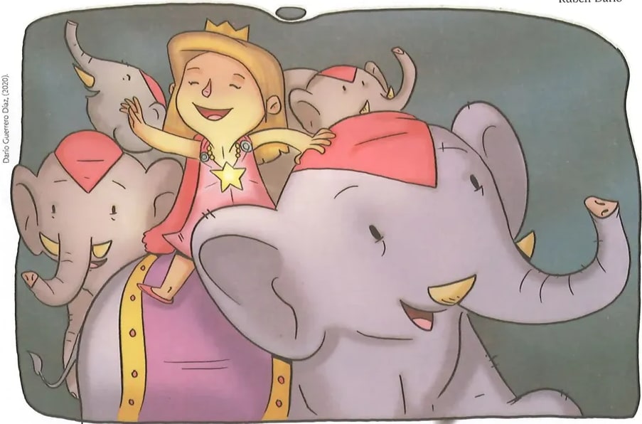 Ilustración a color de la princesita con corona dorada de estrella y vestido rosa/fucsia con detalles dorados, sonriendo con brazos extendidos mientras está rodeada de elefantes grises amigables y sonrientes. Imagen lúdica y festiva que ilustra el verso 'cuatrocientos elefantes a la orilla de la mar'. Crédito: Darío Guerrero Díaz (2020).