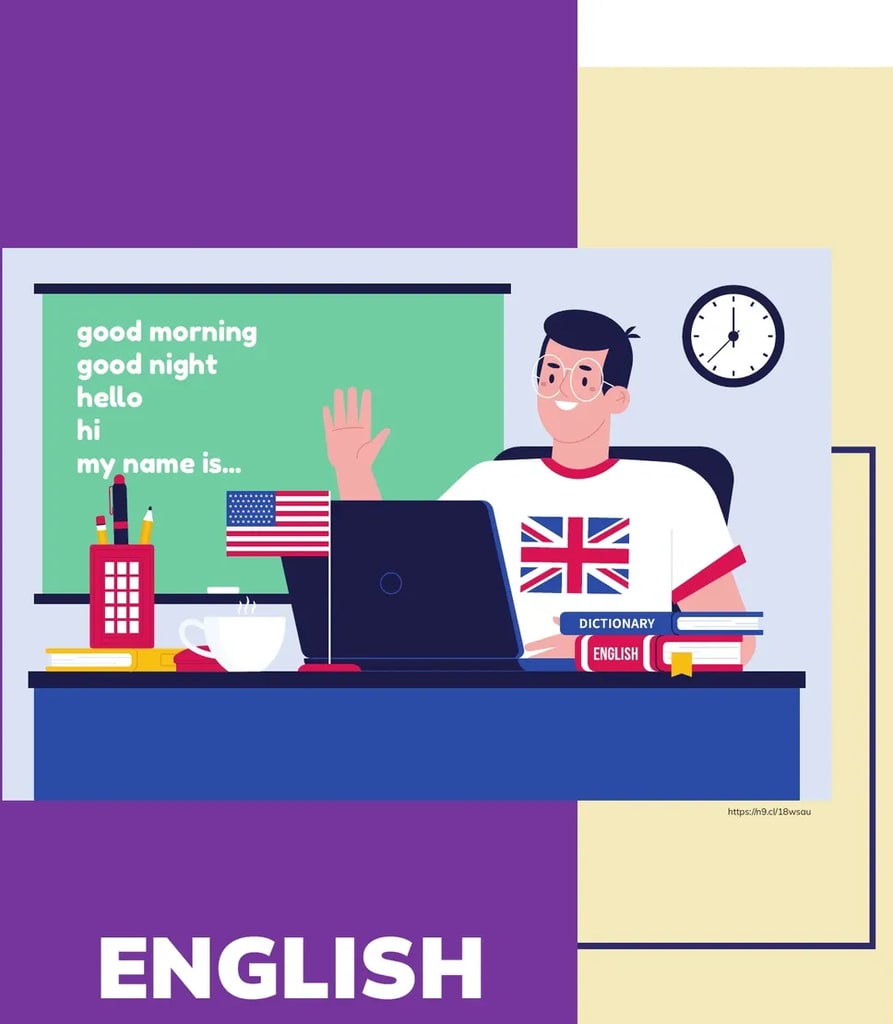Ilustración de un estudiante con anteojos saludando con la mano, sentado frente a una computadora portátil con una bandera del Reino Unido en la camiseta. Sobre el escritorio hay una taza, un teléfono, libros y un diccionario inglés. Detrás, una pizarra verde lista frases de saludo en inglés y un reloj de pared.