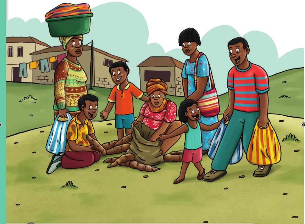 Ilustración de una familia afroecuatoriana en un patio comunitario: una mujer carga un recipiente sobre la cabeza, niños sentados alrededor de un fogón con leña, otros personajes adultos y casas de la comunidad al fondo.