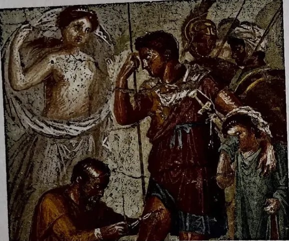 Pintura clásica que representa a Eneas luchando o tras una batalla, escena de la Eneida.