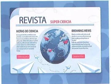 Ejemplo de portada de una revista titulada 'REVISTA SUPER CIENCIA' con secciones 'NOTAS DE CIENCIA' y 'BREAKING NEWS', e ilustración de globo terráqueo