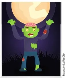 Zombi (zombie) verde levantando los brazos frente a una luna llena enorme. Recuadro naranja.