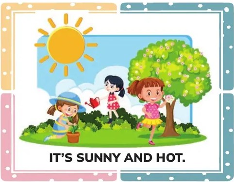 Dos niños con paraguas bajo la lluvia. 'IT'S COLD AND RAINY.'