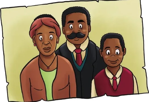Ilustración de una familia afroecuatoriana sonriente: padre, madre y dos niños, en plano medio.