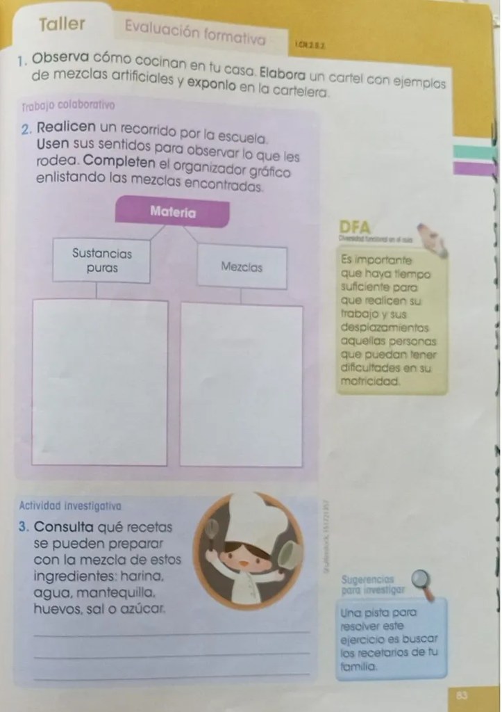 Organizador gráfico vacío con 'Materia' arriba y dos cajas (Sustancias puras / Mezclas) para llenar.