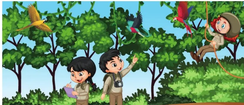 Ilustración de niños exploradores en una cueva con cascada y vegetación.
