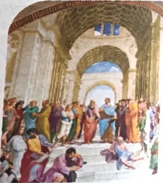 Pintura clásica (estilo renacentista) que muestra a un grupo de personajes en diálogo, asociada a la Unidad 2 sobre el arte de la palabra.