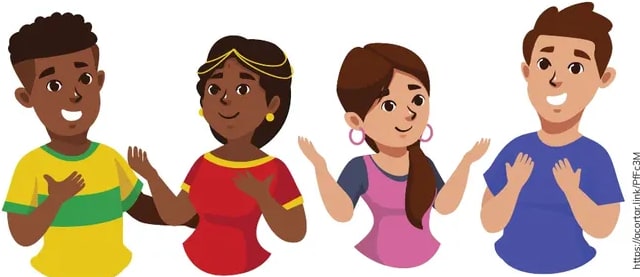 Ilustración de cuatro personas de diferentes apariencias (afrodescendiente, sudasiática, latina, caucásica) saludando con la mano sobre el pecho, representando diversidad cultural.