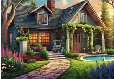 Foto de un patio / jardín exterior con plantas y una casita decorativa.