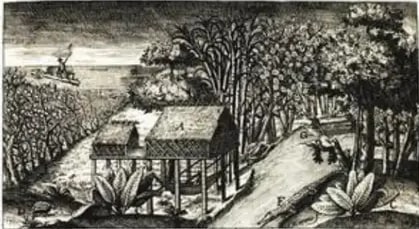 Grabado 'Casas del Río de Guayaquil' con árbol del cacao, lagarto y mujer indígena pescando.