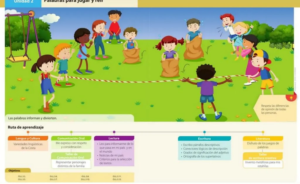 Ilustración con doce niños jugando en un campo: saltando en sacos, jalando una cuerda, columpios, riendo.