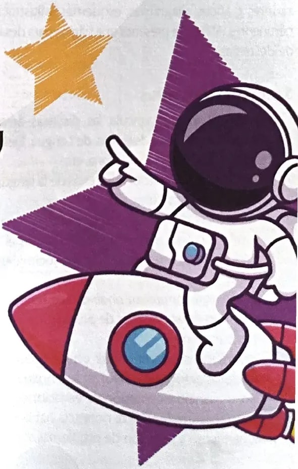 Ilustración de un astronauta sentado sobre un cohete espacial, con estrellas decorativas alrededor.