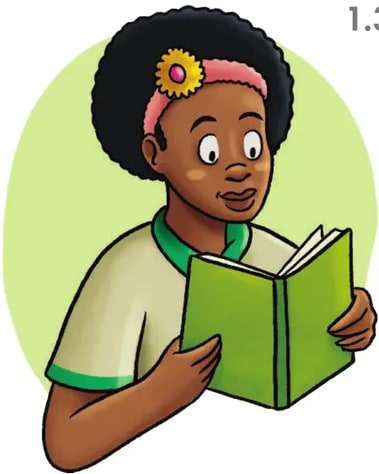 Niña afroecuatoriana con vincha amarilla y camiseta blanca sosteniendo un libro verde abierto: ilustra la lectura y la imaginación.