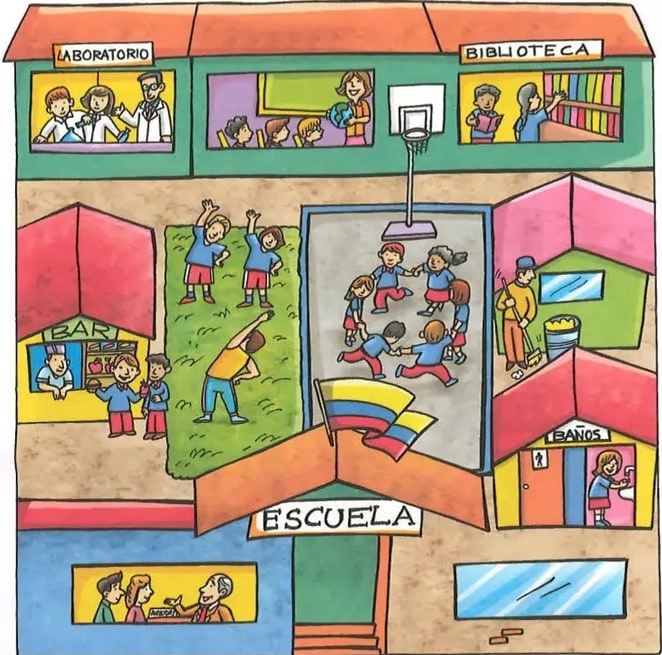 Ilustración detallada de escuela con varias dependencias visibles desde fachada cortada.