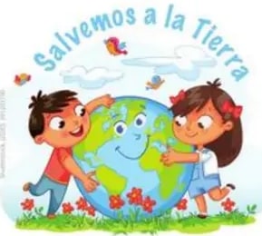 Ilustración 'Salvemos a la Tierra': dos niños abrazando un globo terráqueo sonriente entre flores.