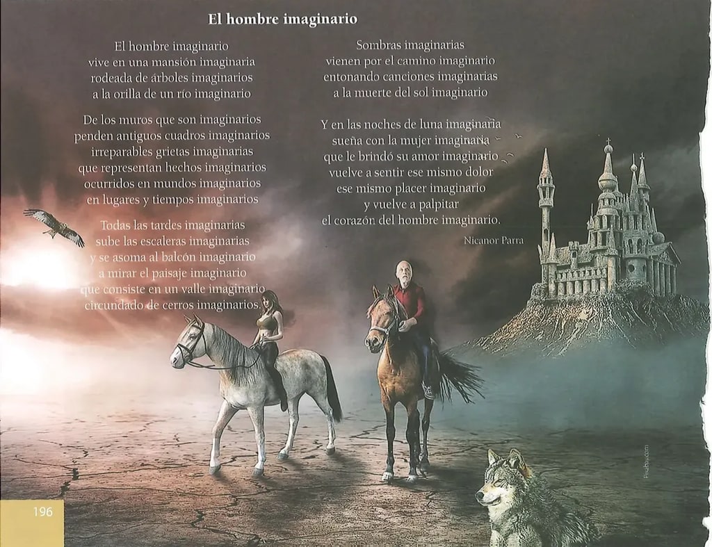 Composición digital o ilustración fantástica que ocupa la parte inferior de la página, como fondo del poema 'El hombre imaginario'. Muestra un paisaje oscuro con un castillo iluminado al fondo (similar a un castillo de cuento de hadas), una figura de caballero a caballo en primer plano y un lobo. Los colores son oscuros (azules, grises, ocres) con el castillo iluminado como elemento central. Ilustra el mundo imaginario y fantástico del poema.