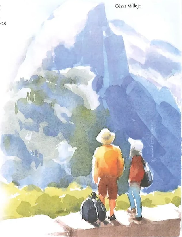 Ilustración en acuarela de dos personas adultas de espaldas (una con mochila naranja, otra con ropa roja) caminando por un sendero hacia un paisaje andino con montañas azules y vegetación verde. La imagen ilustra el tema andino y la ausencia/lejanía presentes en los poemas de Vallejo. Aparece en la parte inferior derecha de la página. Crédito: Shutterstock (visible en margen vertical derecho).