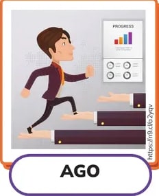 Tarjeta con un personaje masculino corriendo y un gráfico de progreso (AGO).