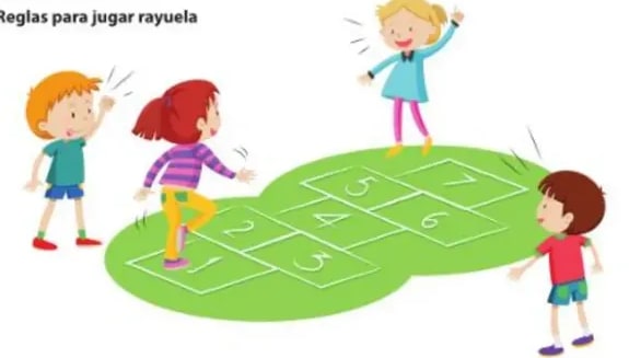 Niños jugando rayuela en el césped con casillas 1-7.