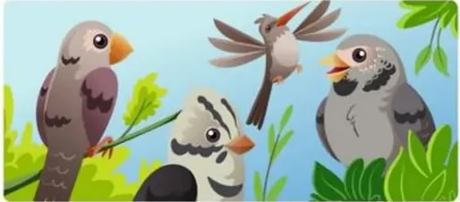 Cuatro pájaros pequeños grises sobre ramas verdes.