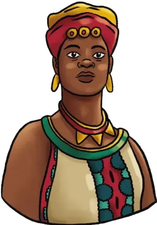 Retrato ilustrado de Nandi: mujer afro con cabello adornado con cuentas amarillas, aretes dorados grandes y vestimenta con colores rojo y verde; mirada digna y serena.