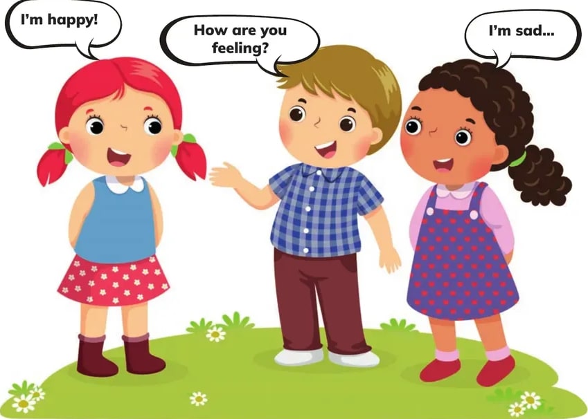 Tres niños en un prado verde con flores. La niña pelirroja dice 'I'm happy!', el niño con camisa a cuadros pregunta 'How are you feeling?' y la niña con vestido morado dice 'I'm sad...'.