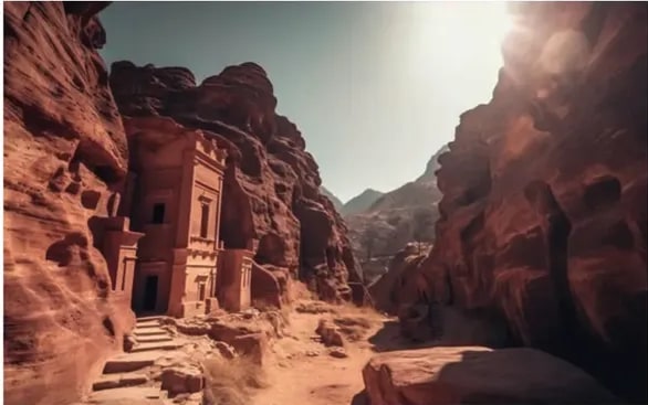Fotografía del tesoro de Petra (Al-Khazneh) entre los acantilados rojizos.