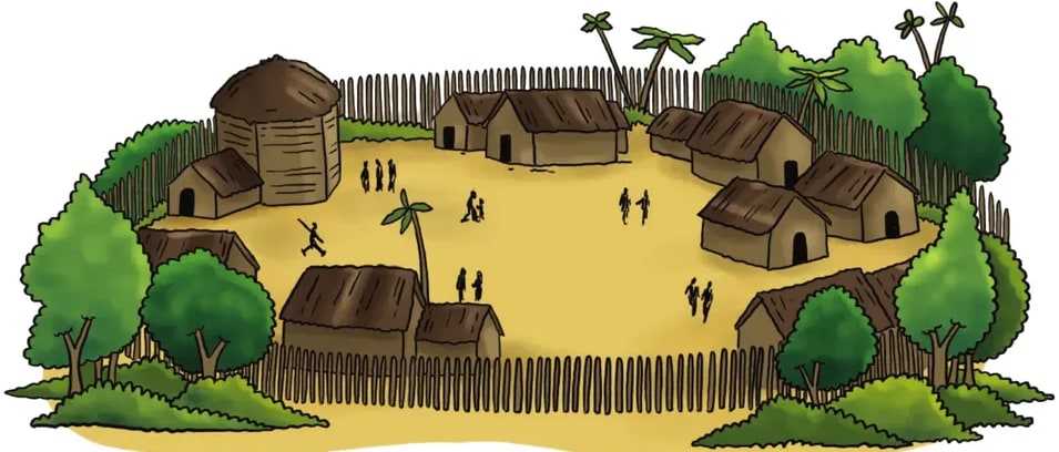 Ilustración a color de un palenque rodeado por una empalizada de madera: varias chozas con techo de paja en el interior, personas afrodescendientes en actividades (caminar, jugar, conversar), vegetación tropical alrededor.