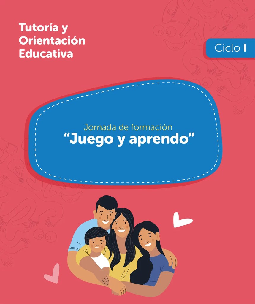Ilustración de una familia feliz compuesta por padre, madre e hijo, abrazados y sonriendo, sobre fondo rosa con corazones decorativos.