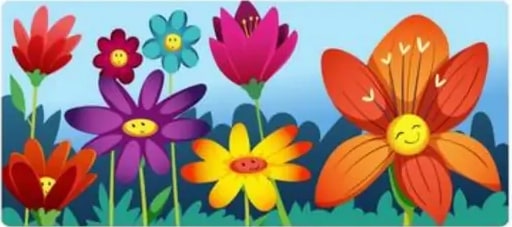 Campo con flores coloridas con caras sonrientes.