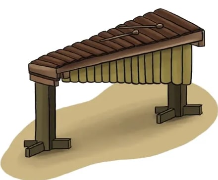 Ilustración de una marimba (instrumento) sobre fondo claro, mostrando las láminas de chonta.