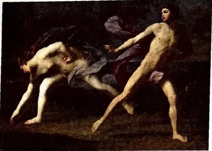 Pintura clásica de Ovidio o de una escena de las Metamorfosis (probablemente Narciso en el agua).