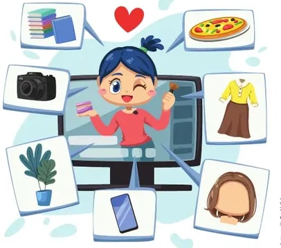 Niña en pantalla rodeada de íconos visuales (libros, pizza, vestido, peinado, planta, celular, cámara) - comunicación visual.