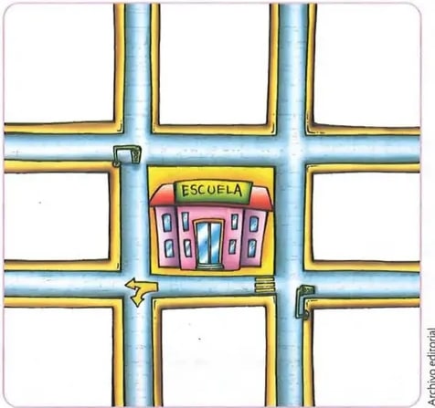 Ilustración de escuela con calles a su alrededor.