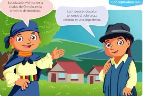 Dos otavalos en su vestimenta tradicional con casas y montañas de fondo.