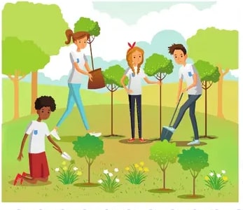 Ilustración de cuatro personas plantando árboles en un parque con flores.