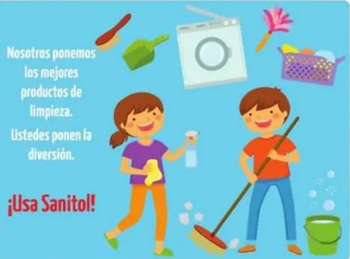 Anuncio de Sanitol con niño y niña limpiando.