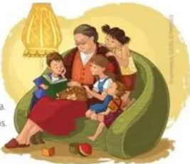 Ilustración de abuela rodeada de nietos escuchando cuentos en círculo familiar