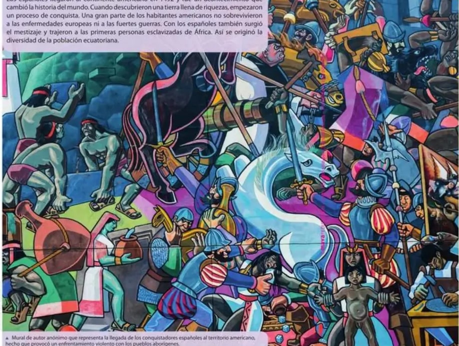Mural anónimo que representa la violenta llegada de los conquistadores españoles al territorio americano.