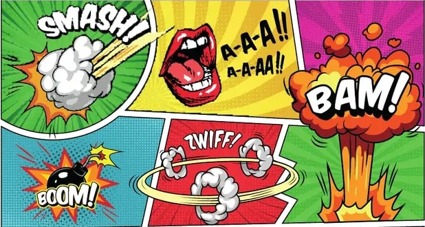 Ejemplo de viñetas tipo cómic con onomatopeyas ('SMASH!', 'AAAH!!', 'BAM!', 'TWEET!', 'BOOM!') sobre fondo blanco rodeado de explosiones de colores.