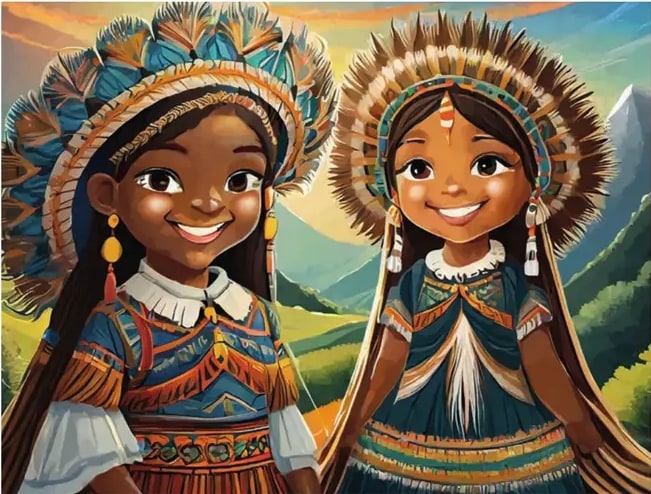 Ilustración de dos niñas nativas americanas con tocados de plumas coloridas, blusas y faldas tradicionales con patrones geométricos.